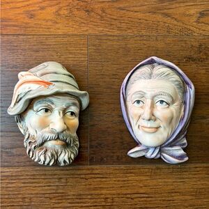Lefton Pair Woman & Man Head Face German Wall Plaques 5238 Vintage Ceramic 1960s